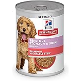 Hill's Science Diet Sensitive Stomach & Skin, Puppy, Stomach & Skin Sensitivity Support, Wet Dog Food, Salmon & Vegetable Stew, 12.5 oz Can, Case of 12