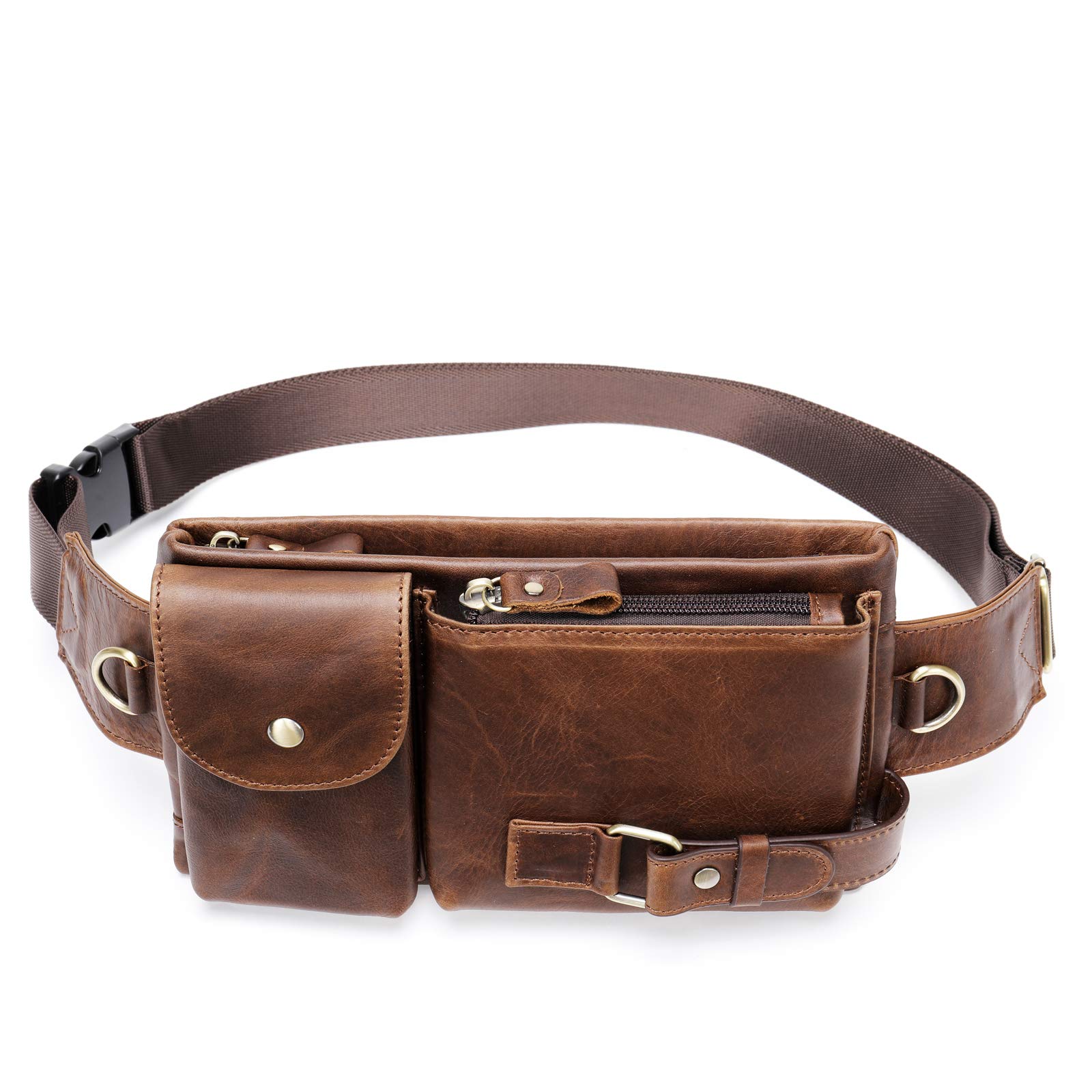 NIUCUNZH Cowhide Waist Fanny Pack-Genuine Leather and Slim with Adjustable Waistband, Oil Coffee, 9.5"L x 5.5"H x 2"W
