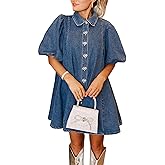 LifeShe Women's Blue Denim Babydoll Mini Dress with Puff Sleeves, Lapel Collar & Diamond Bow Decor