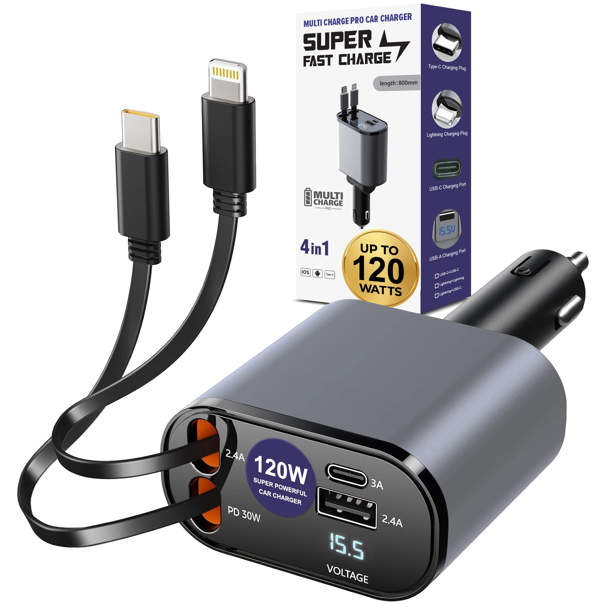 Multi Charge Pro iPhone Car Charger Fast Charging Retractable Car Charger USB C Auto Adapter, Powerful 120W 4-Port USB-C & USB-A and Lightning iPhone, Samsung, Tablets...