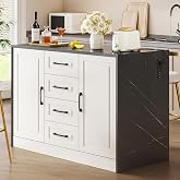 ONBRILL Kitchen Island with 2 Storage Cabinets &amp; 4 Drawers, White+Black | Extra-Large Imitation Marble Tabletop Dining Table with Power Outlet, Island Bar Table for Kitchen Dining Room Living Room