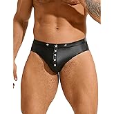sunshinelady Men's Faux Leather Underwear Low Rise Brief Sexy Gay Lingerie for Men Plus Size Black S-2XL