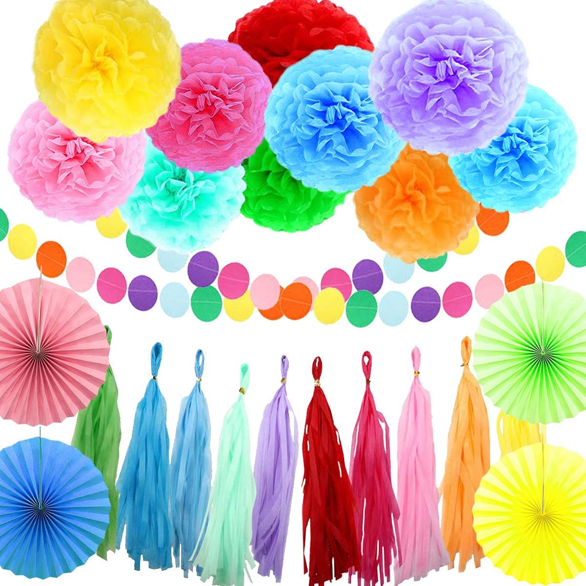 MOLECOLE Rainbow Party Decorations Set, Multi-Color Paper Pom poms, Paper Folding Fans, Fringed And Dot Garland. Ideal For Birthday Parties, Weddings, Carnivals, Fiesta Or Mexican Party