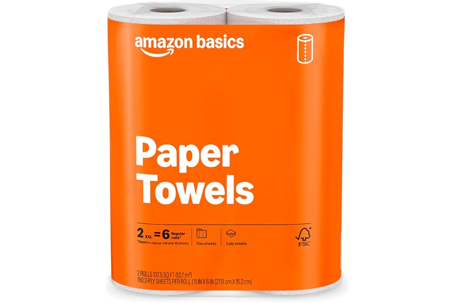 Amazon Basics 2-Ply Flex-Sheets Paper Towels, 2-Pack, 150 Sheets per Roll, 2 Basics Rolls = 6 Regular Rolls, for Everyday Use, Spills and Messes
