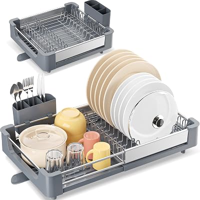 KINGRACK Expandable Dish Drainer Rack Foldable With Removable Cutlery Holder