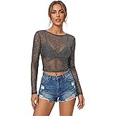 OYOANGLE Women's Glitter Long Sleeve Sheer Top Long Sleeve Scoop Neck See Through Fitted T Shirts Clubwear