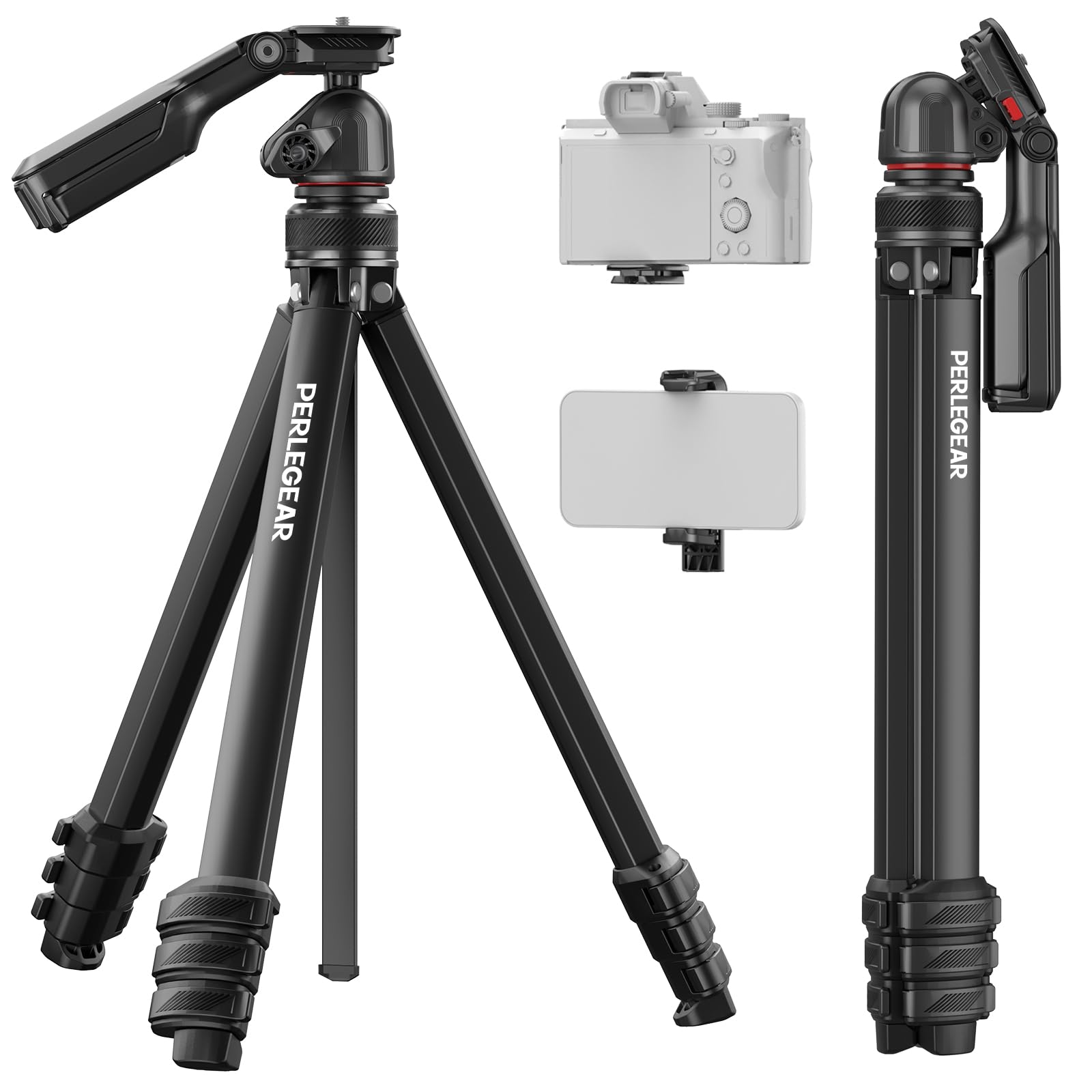 Photo 1 of Perlegear Camera Tripod, 60? Portable and Height-Adjustable, Travel Tripod with 13.2 lbs Max Load, Phone Camera Stand Heavy Duty for Video Recording, PGIPE01