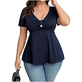 SOLY HUX Women's Plus Size Peplum Tops Casual Ruched Ruffle V Neck Short Sleeve T Shirts Cute Tees