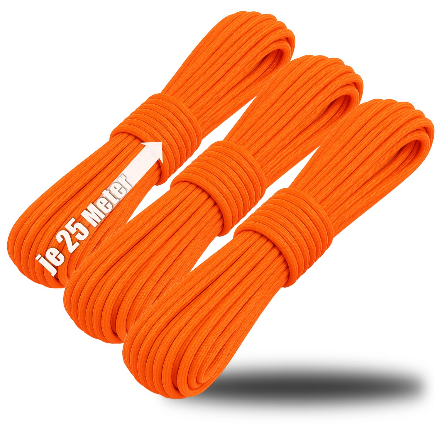 com-four® 3x paracord cord Ø 4 mm, 25 m - rope with 7 core strands for boat, camping, outdoor - nylon rope with 250 kg load capacity - tent rope, guy rope, all-purpose rope (3 pieces - orange)