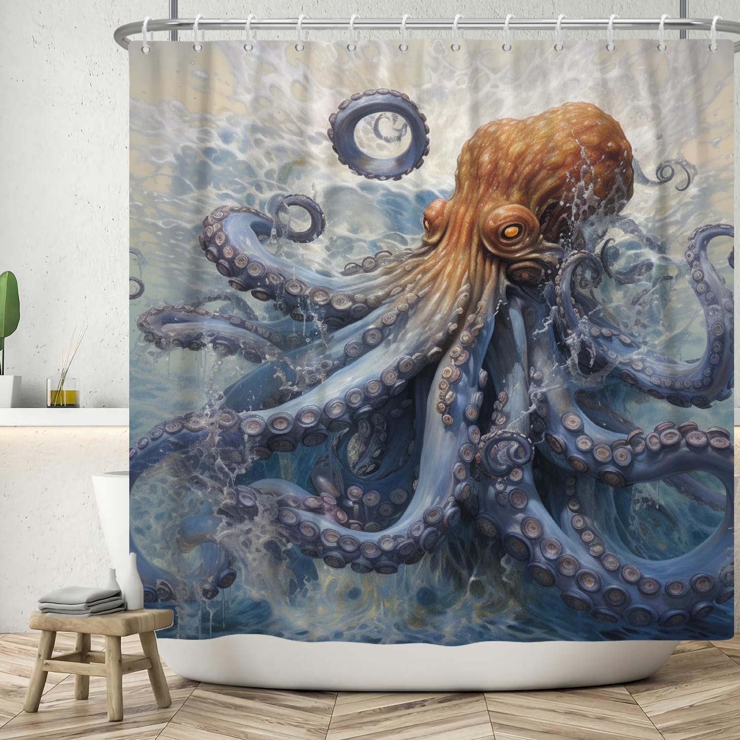 ASDCXZ Shower Curtain 180x180 cm, Hand Painted Benthic Organisms Octopus Washable Bath Shower Curtains Polyester Textile Waterproof Shower Curtain for Bathtub with 12 Hooks — image 1