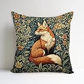 Vintage Fox Flowers Decorative Throw Pillow Cover William Morris Inspired- Vintage Flower Gift Art Farmhouse Cushion Pillowcase for Sofa Couch Bed Outdoor Living Room Home Decor (Fox&Floral)