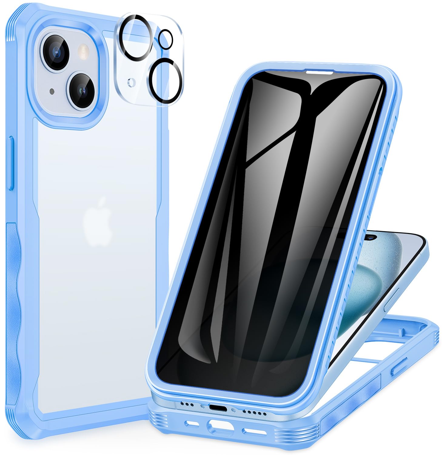 CENHUFO Compatible with iPhone 15 Case Built-in Privacy Screen Protector with Camera Lens Protector, 360 Full Body Shockproof Case for iPhone 15 with Anti Spy Screen -Blue — image 1