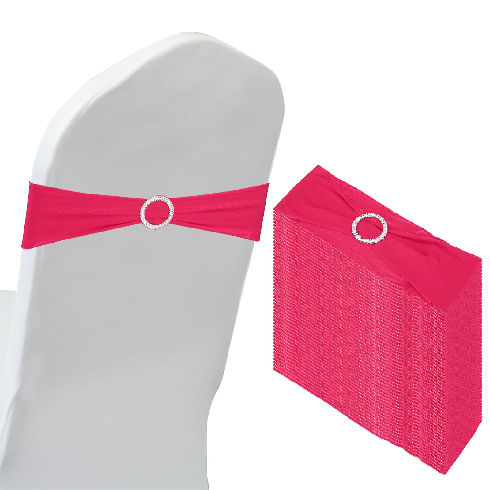 PATIKIL 14"x5" Stretch Chair Sashes Bows, 50 Pack Elastic Chair Bands Sashes with Buckle Slider for Wedding Banquet Decorations, Rose Red