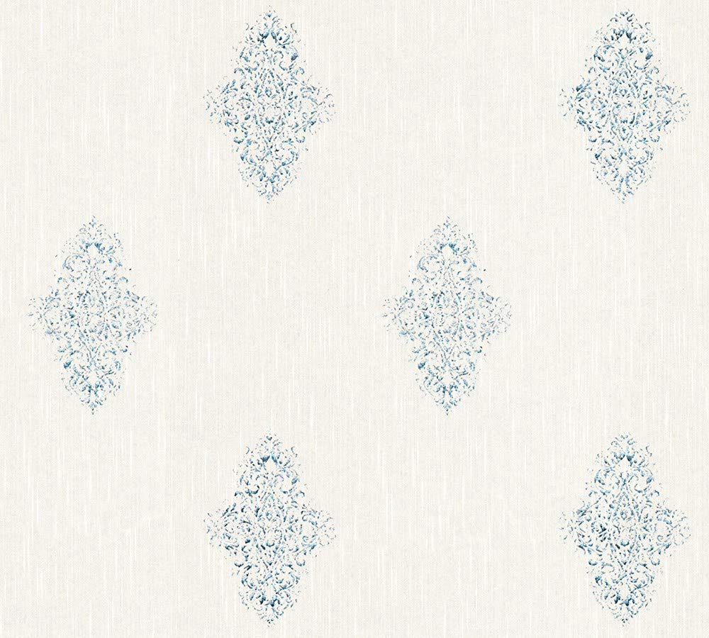 Architects Paper Textile Wallpaper Luxury Wallpaper with Ornaments Baroque 10.05 m x 0.53 m White Blue Metallic Made in Germany 319461 31946-1