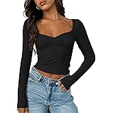 ForeFair Women's Sexy Long Sleeve Going Out Tops Pleated Bustier Shirt Cute Sweetheart Neck Y2K Cropped Top