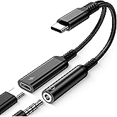USB C to 3.5mm Audio Adapter and Charger, 2-in-1 Type C to Aux Headphone Jack with PD 60W Fast Charging, Hi-Res DAC Dongle fo