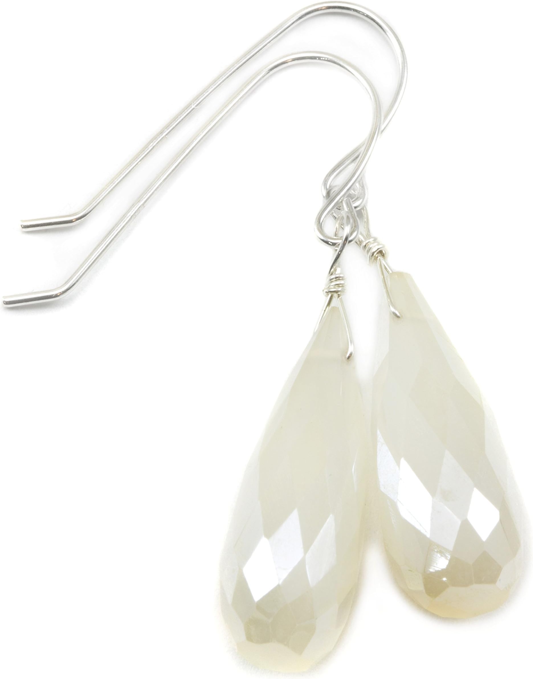 White Mystic Chalcedony Earrings Faceted Long Rounded Briolettes Classic Dangle Drops