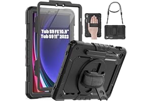 SEYMAC Case for Samsung Galaxy Tab S9 FE 5G Case 2023, Heavy Duty Shockproof Protective Case with Screen Protector, Rotating Stand, Hand Strap and Pen Holder for Galaxy Tab S9 FE 10.9''/S9 11'', Black