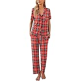 Ekouaer Women Pajamas Set Button Down Sleepwear Short Sleeve Nightwear with Long Pants Soft Pjs Set S-XXL
