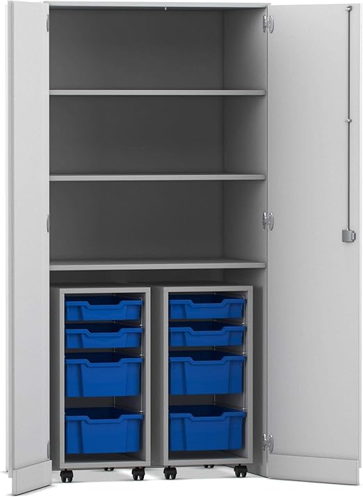 Flexeo® - Garagenschrank mit 3 Fächern, 2 Rollcontainern und 8 Boxen