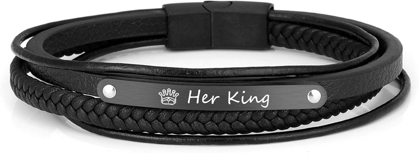 PiercingJak Partner Armbänder mit Gravur Her King His Queen Paar Lederarmband Geflochten