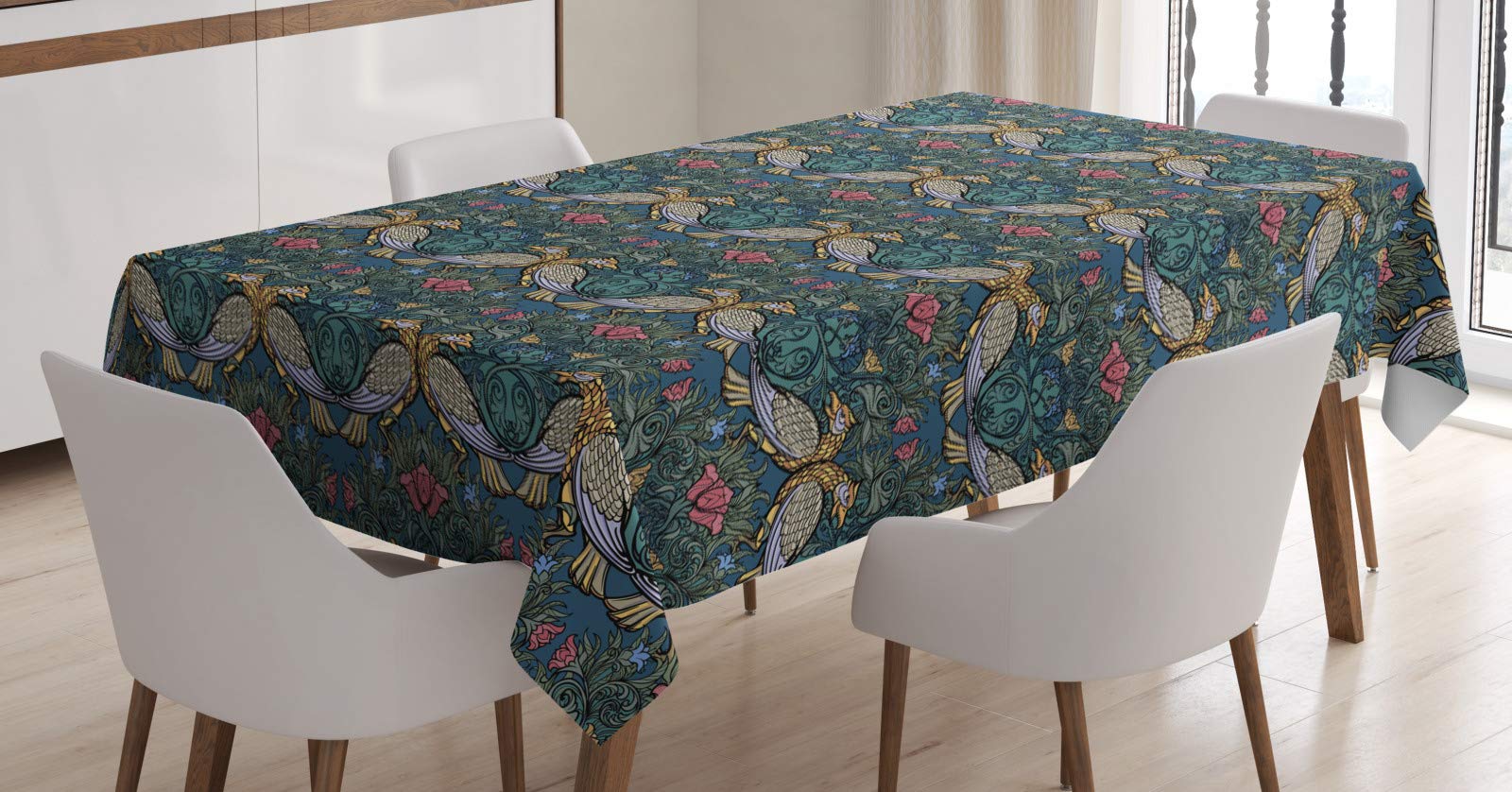 ABAKUHAUS Folk Tablecloth, Victorian Style Composition with Cartoonish Poppies Bluebells and Birds, Dining Room Kitchen Table Cover, Rectangular 140 x 200 cm, Multicolor