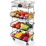 Fruit Vegetable Storage Basket, 4 Tier Stackable Metal Wire Storage Baskets with Wheels, Fruit Vegetable Produce Basket Organ