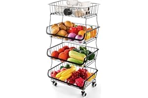 MIYAWELL Fruit Vegetable Storage Basket, 4 Tier Stackable Metal Wire Storage Baskets with Wheels, Fruit Vegetable Produce Basket Organizer Bins for Kitchen, Pantry, Bathroom