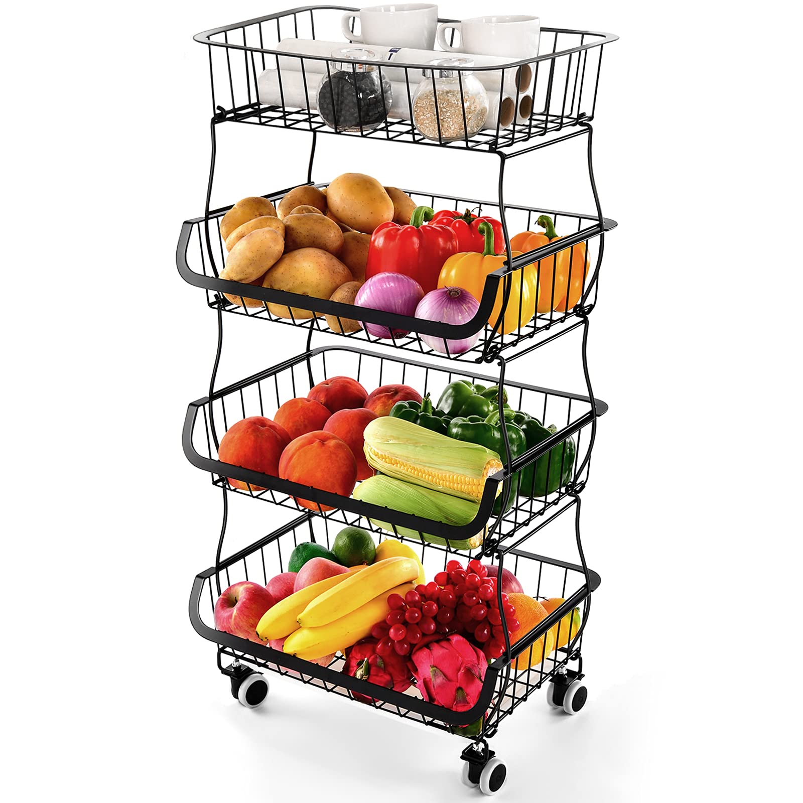 Photo 1 of Fruit Vegetable Storage Basket, 4 Tier Stackable Metal Wire Storage Baskets with Wheels, Fruit Vegetable Produce Basket Organizer Bins for Kitchen, Pantry, Bathroom