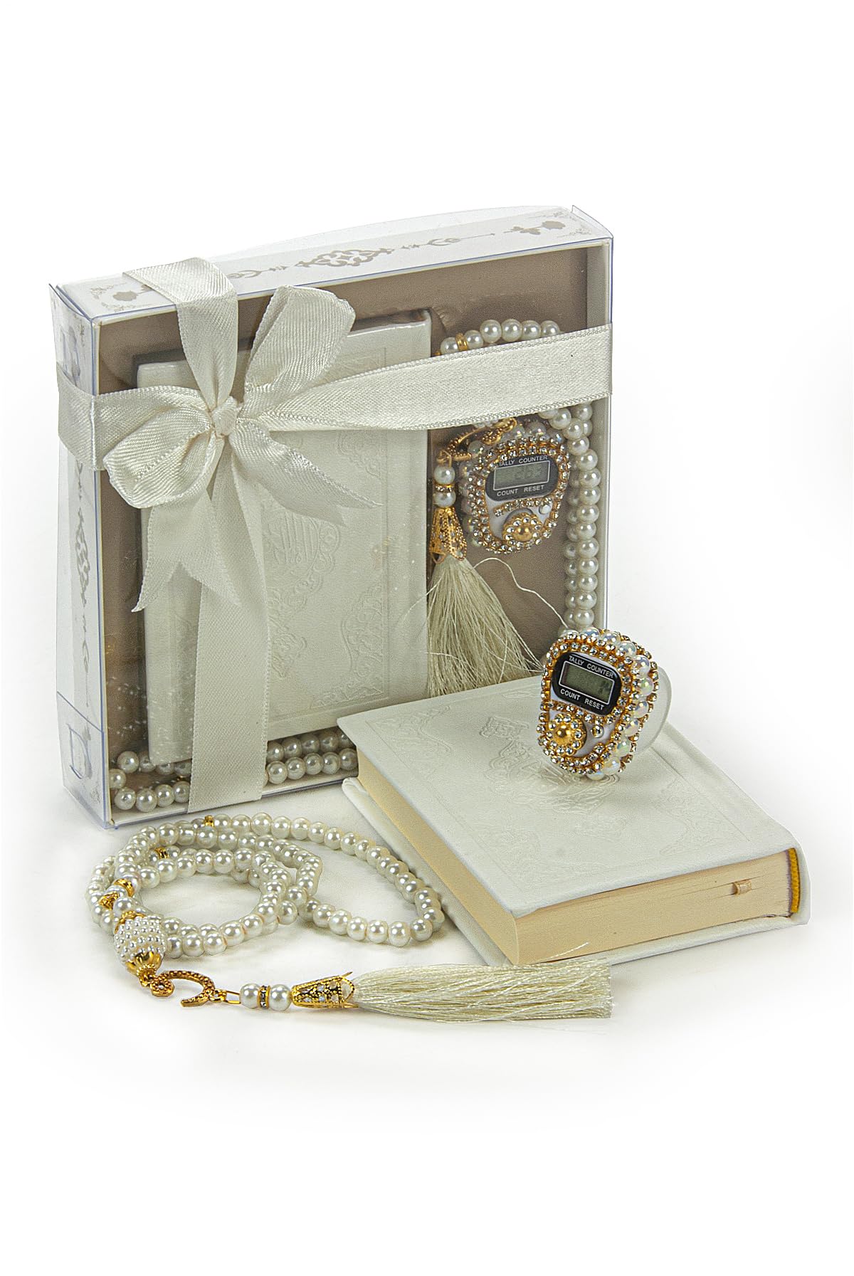 İhvan Online Medina Calligraphy Quran Set with Islamic Finger Counter, Portable Digital Prayer Tasbeeh, Pearl Zikirmatic Beads, 3 Pieces Gift for Ramadan & Eid & Mawlid (Cream)