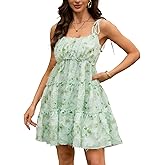 DUKAKII Women's Summer Floral Mini Dress Boho Stretch Mini Dresses Short Sleeveless Ruffle Spaghetti Strap Dress 2025