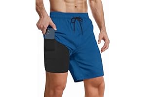 Buauty Mens Swim Trunks with Compression Liner 7 Inch Inseam Quick Dry Swim Shorts Mens Swimsuit Board Shorts with Pockets