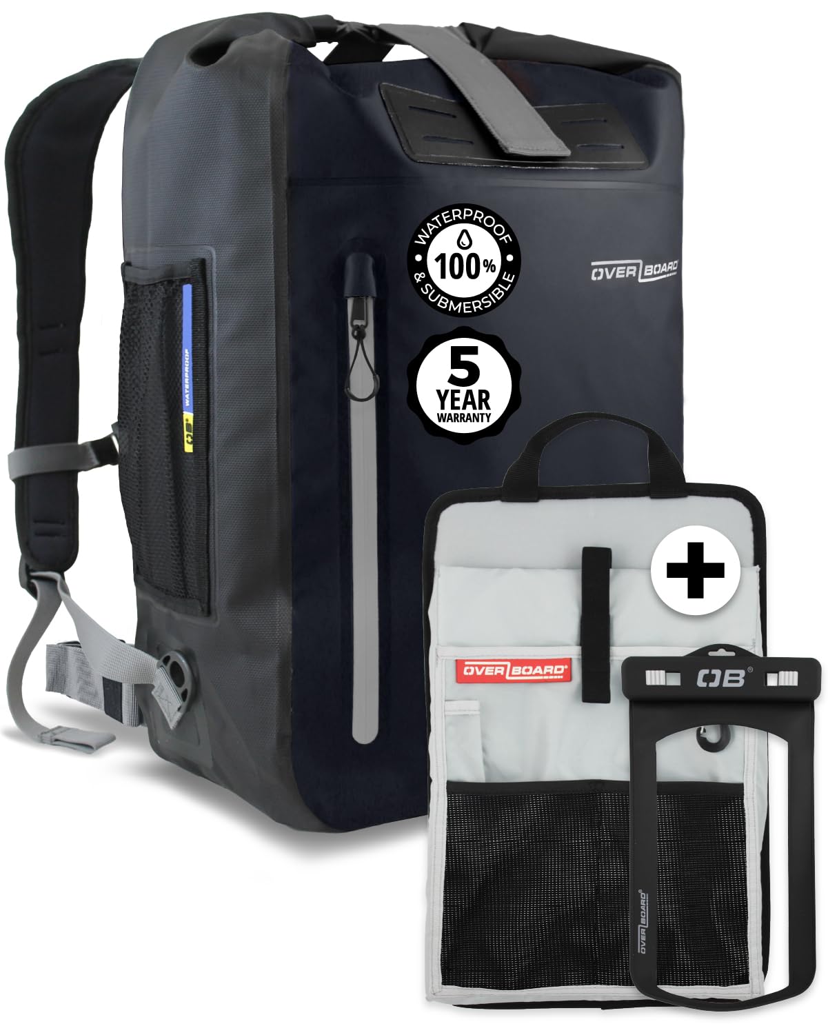 OverBoard Black Explorer Waterproof Backpack 45L Bundle | Roll Top Floating Dry Bag for Kayaking, Beach, Boating, Hiking, Rafting| Includes Waterproof Phone Case and Backpack Organiser(Black,45 Litre)