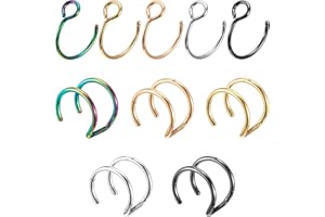 Psyqtsuary Nose Rings Hoops Double Hoop Nose Ring, 10 Pcs Fake Noses Ring Lip Rings Stainless Steel Fake Lip Piercing Clip On Ear Cuffs Non Piercing Jewelry for Women Men, 8mm