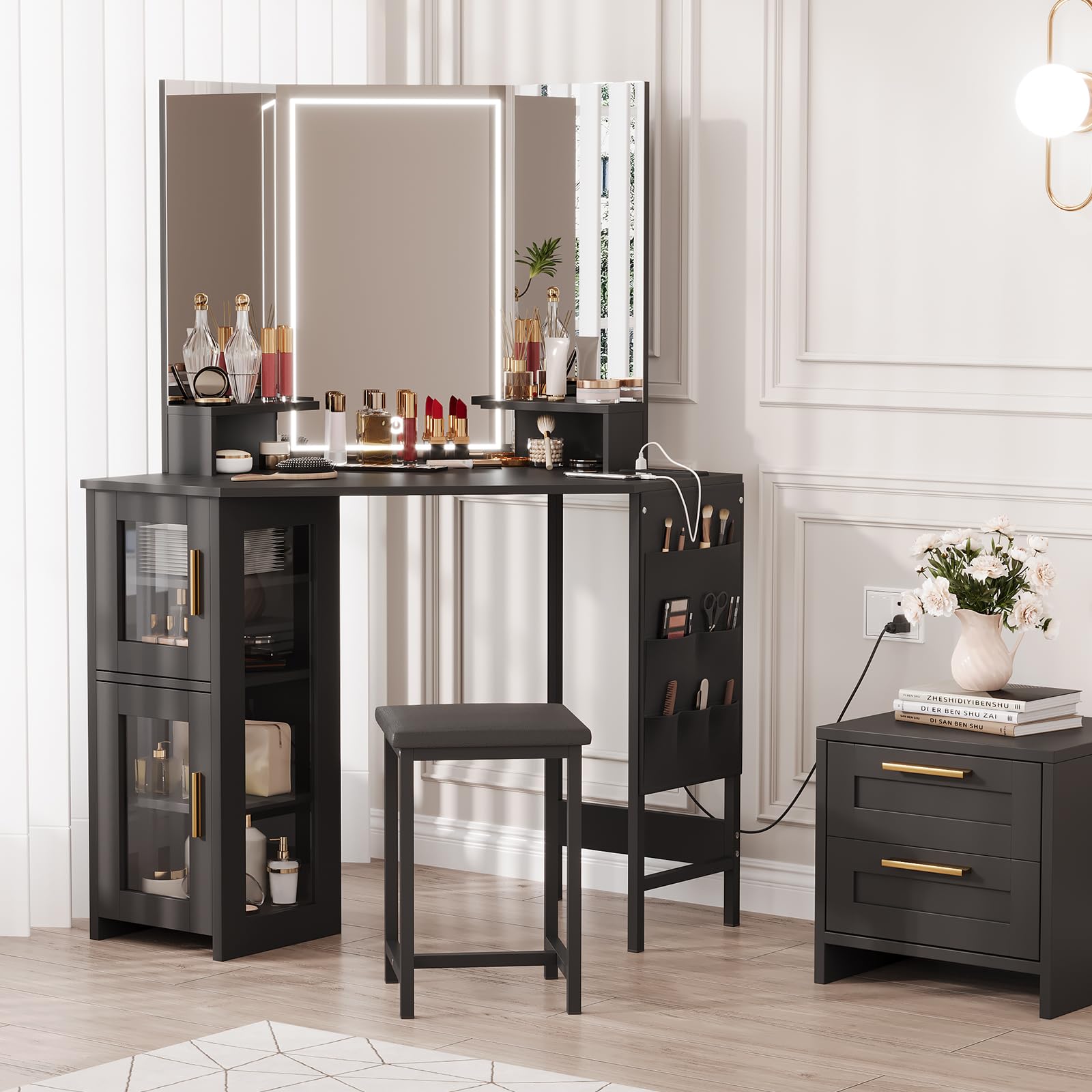 Photo 1 of **CORNERS DAMAED ON TABLE**Garvee Corner Vanity Desk and Stool, Corner Makeup Vanity with LED Lighted Mirror Charging Station and Cabinet for Bedroom, Black