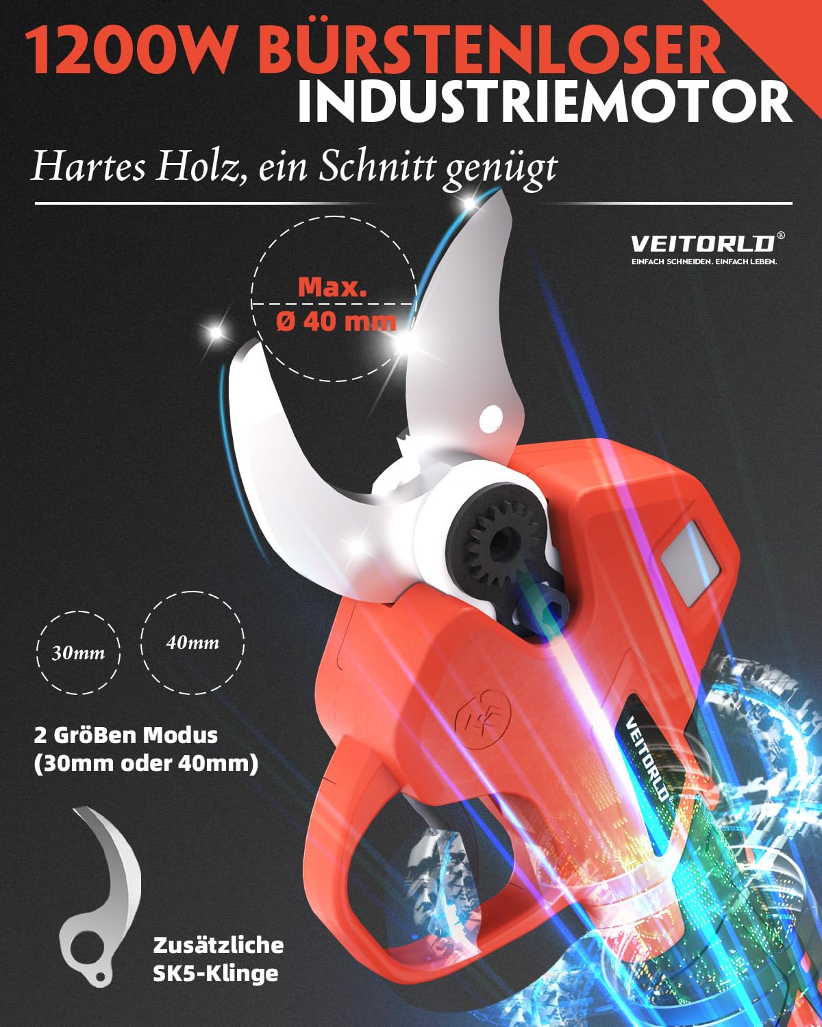 Veitorld Akku Astschere, 40MM Gartenschere mit 2 Akku 2000mAh, Bürstenloser Motor Baumschere, Kabellose Elektrisch Garten Schere mit LED-Schnittzählerm, Muttertag Geschenk für Mama Frauen 3