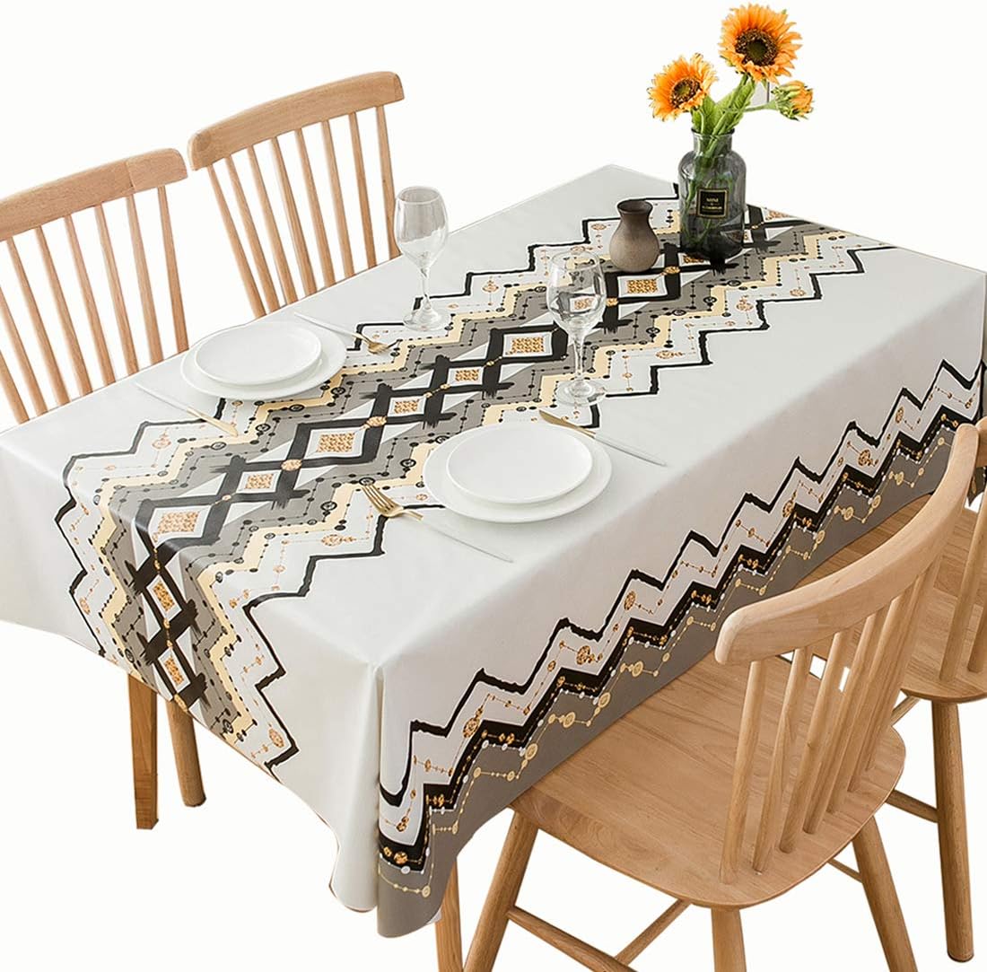 DUOFIRE Vinyl Tablecloth White Background Geometric Pattern Square Heavy Weight Table Cover Wipe Clean Waterproof 54 x 54 Inch