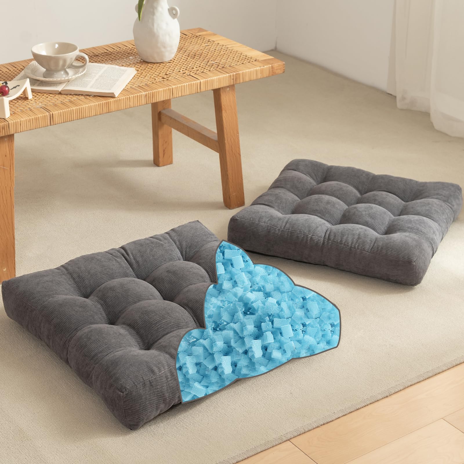 YZ HOME 2 Pack of Floor Pillow for Adults, Meditation Cushion for Floor Seating, Square Floor Cushions with Shredded Blue Memory Foam Filling for Yoga, Classroom, Outdoor - Grey, 20x20x4 Inch