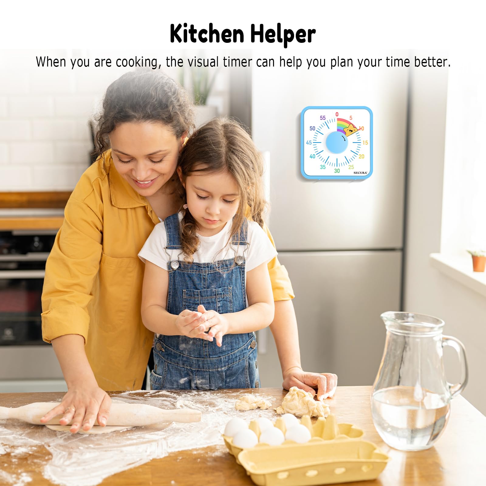 Secura 60-Minute Visual Timer, 7.5 Inch Magnetic Rainbow Countdown Timer for Classroom or Kitchen, Durable Mechanical Timer Clock with Magnetic Backing (Blue & Star)