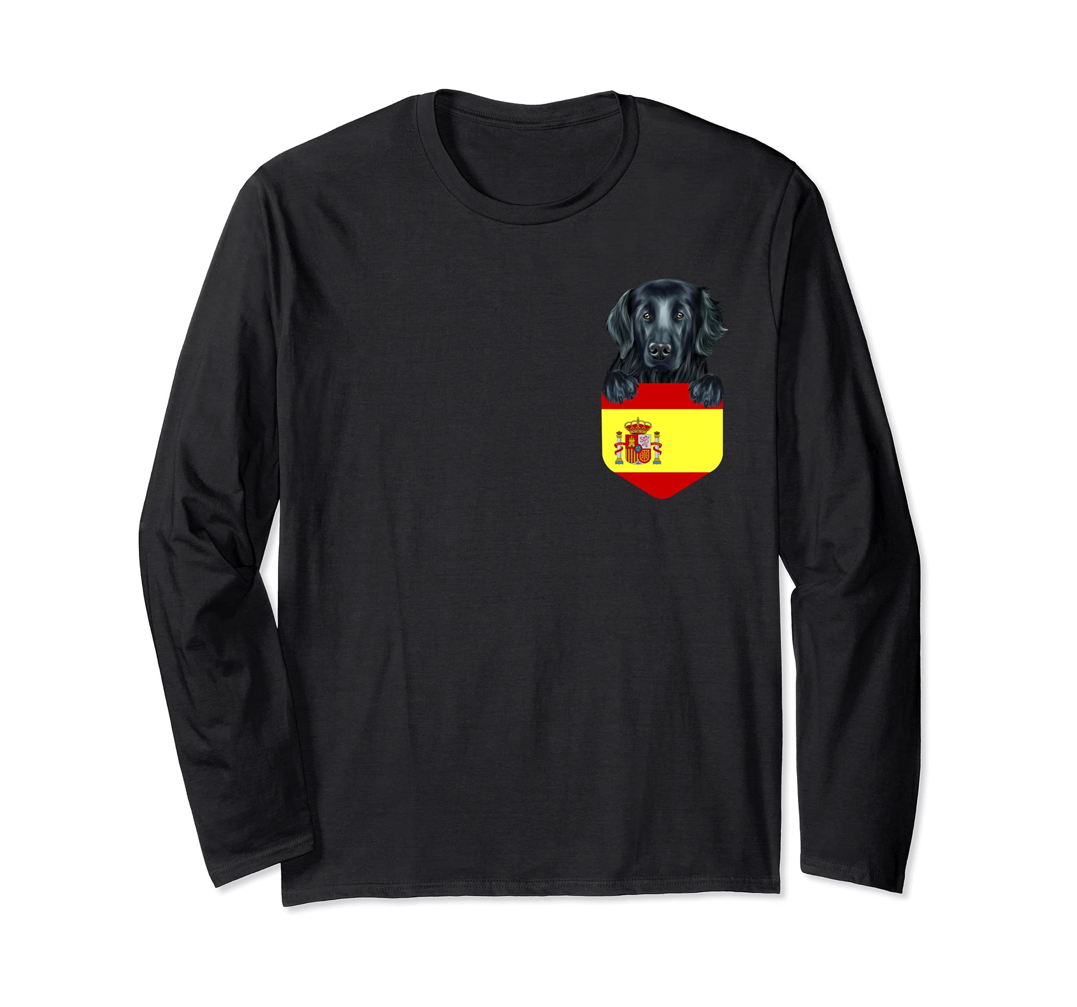 Spain Flag Flat-Coated Retriever Dog In Pocket Long Sleeve T-Shirt
