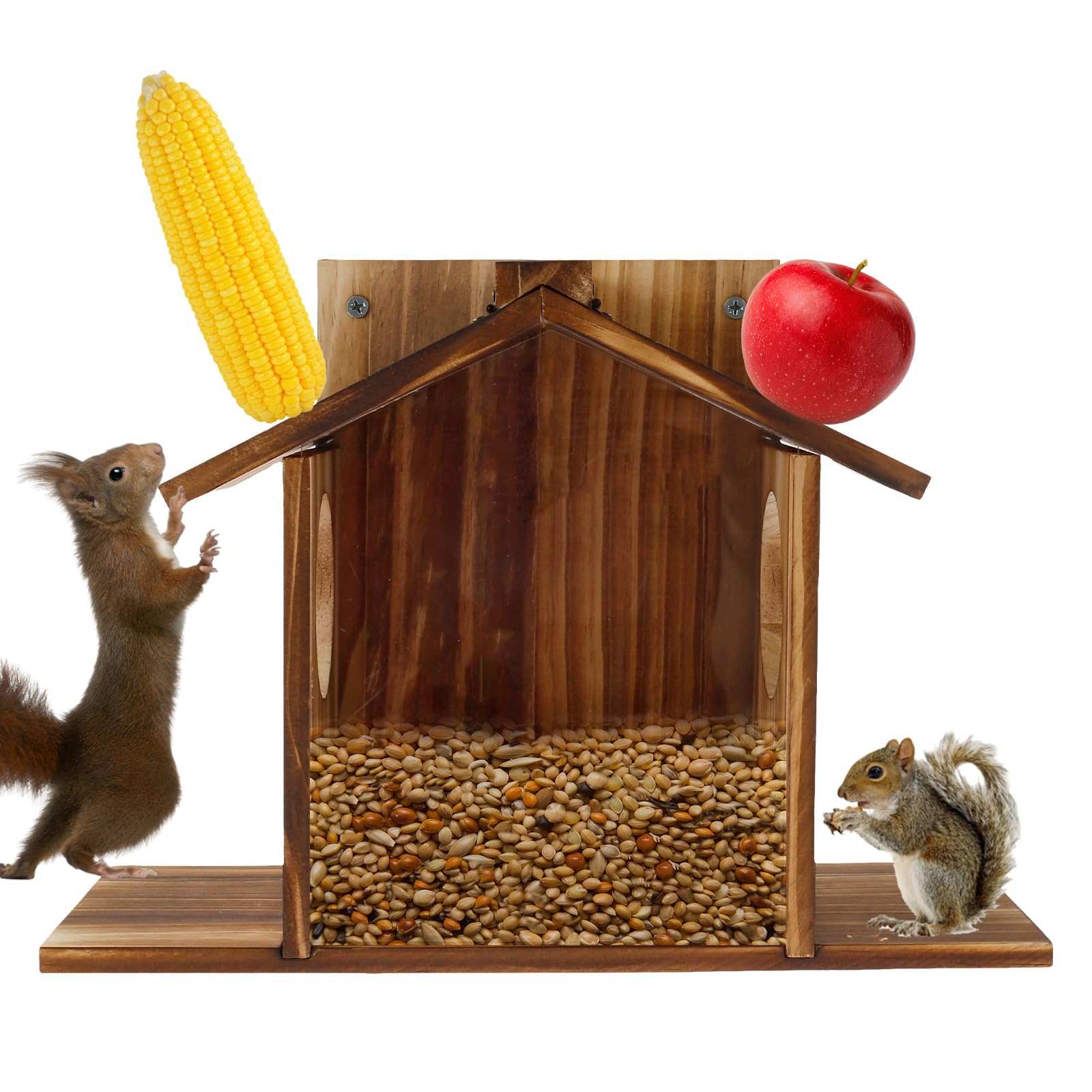 Wooden Squirrel Feeder House with Recess Design and Extended Bottom Plate - Large Capacity Squirrel & Chipmunk Feeding Station for Outside Garden, Yard, Backyard, Porch Decoration (Style A)