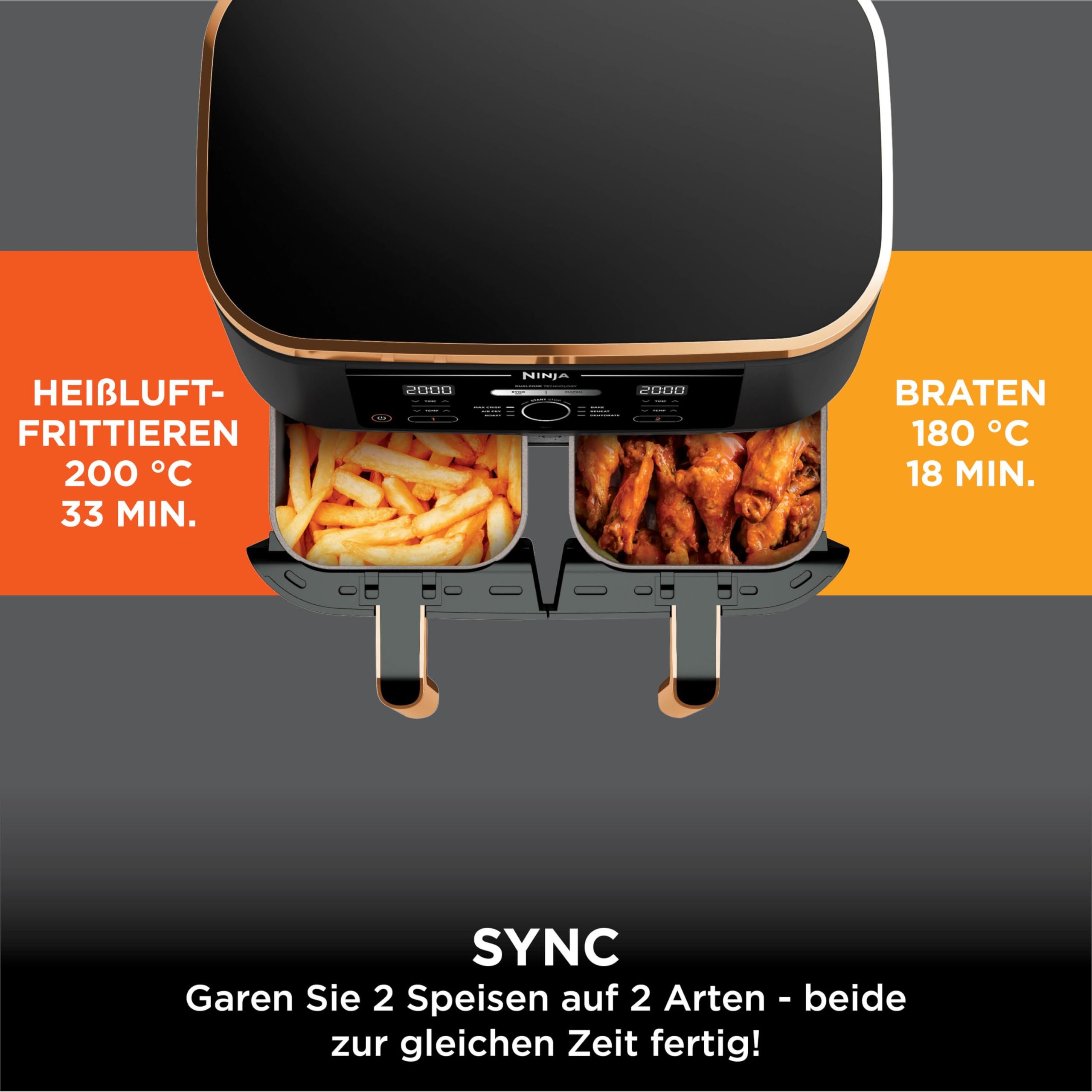 Ninja Foodi MAX Dual Zone Heißluftfritteuse, 9,5L Airfryer, 2 Fächer, mit Zange, Antihaftbeschichtung, spülmaschinenfeste Körbe, 6-in-1, Amazon Exklusiv, Kupfer/Schwarz, AF400EUCP 5