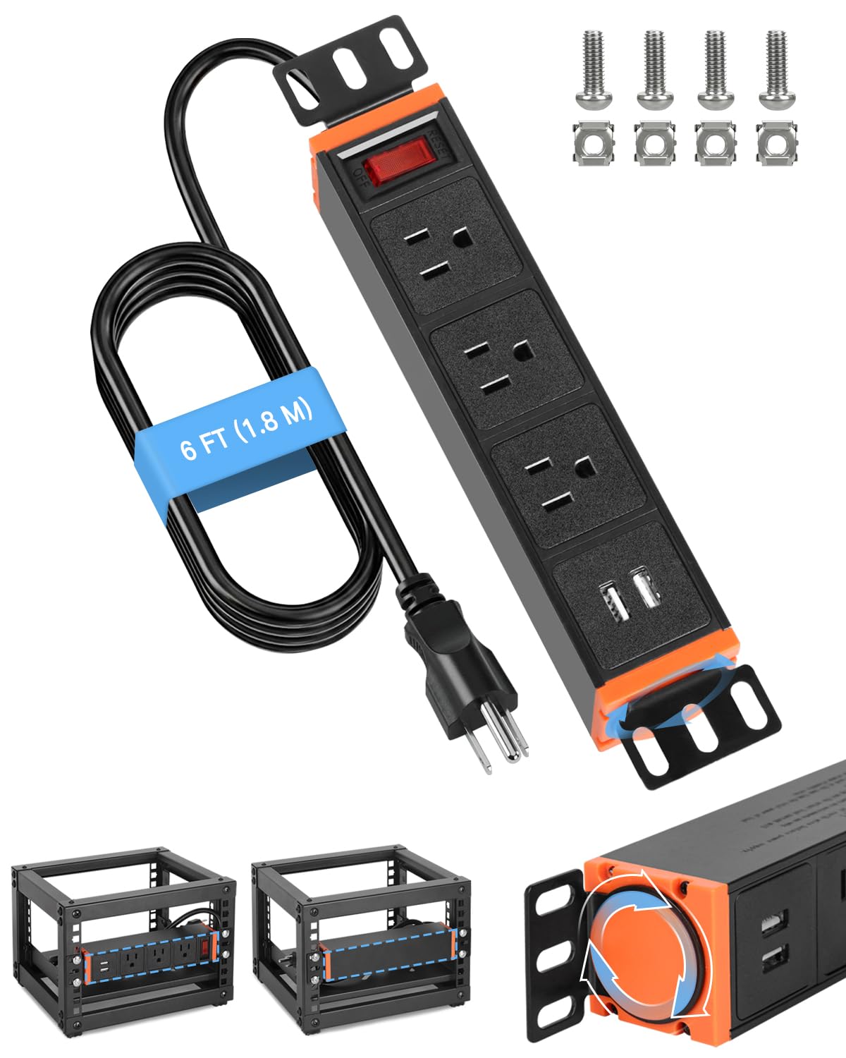 Photo 1 of 10-Inch Rack Mount PDU Power Strip, 1U Half-Rack Power Distribution Unit, 3 AC Outlets, 2 USB-A Ports, 15A Resettable Overload Switch, 6 ft 16AWG Cord for 10'' Mini Server Network Cabinets/Rack/Self