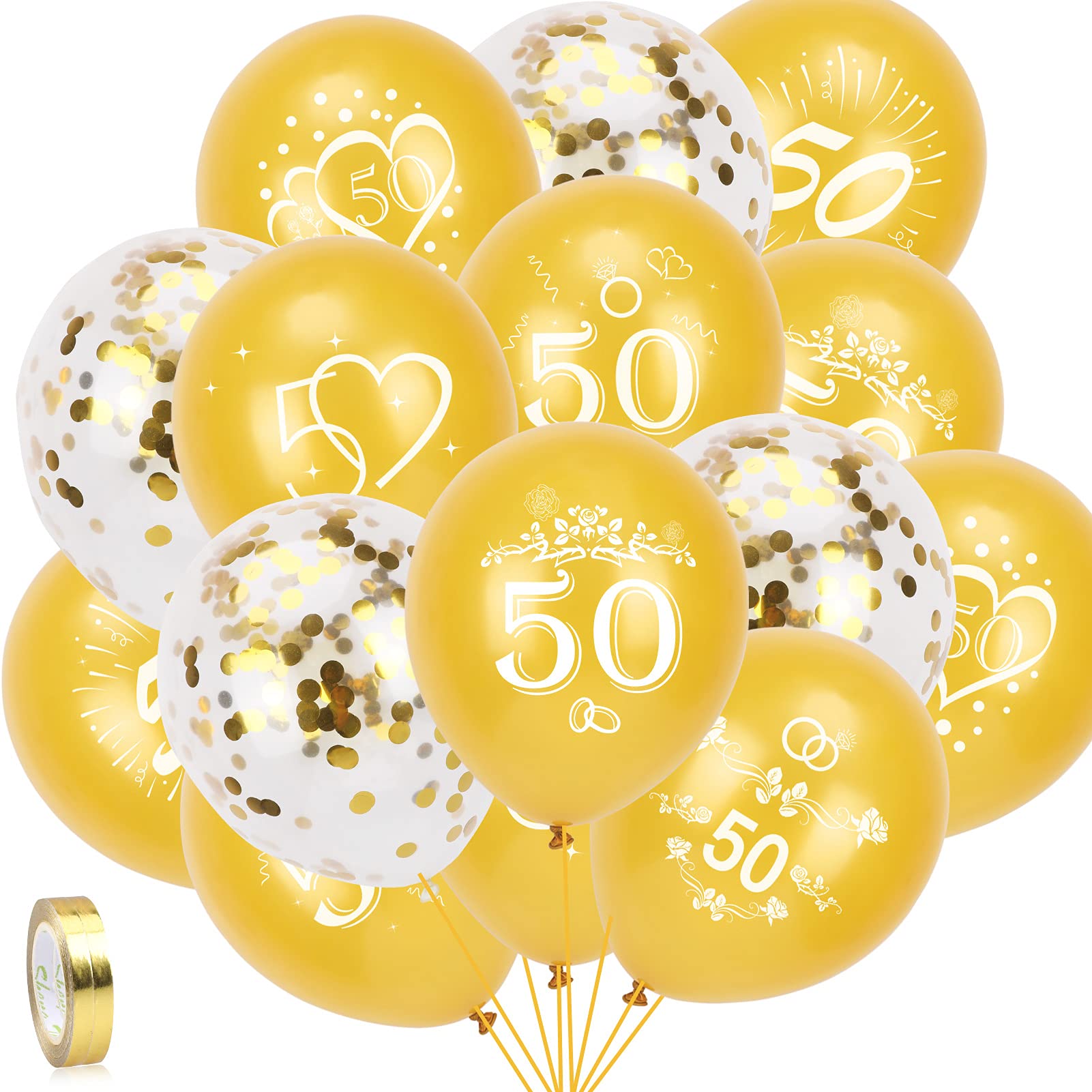 HOWAF 35pcs 50th Wedding Anniversary Balloons Golden 50th Wedding Anniversary Decoration Supplies, 6 Design, with 2pcs Ribbon