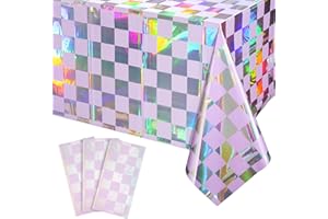 FunnyPars 3Pack Iridescent Checkered and Purple Plastic Tablecloths Shiny Disposable Laser Rectangle Table Covers Foil Tablecloth Iridescent Party Decorations Birthday Bridal Baby Shower, 54x108Inch
