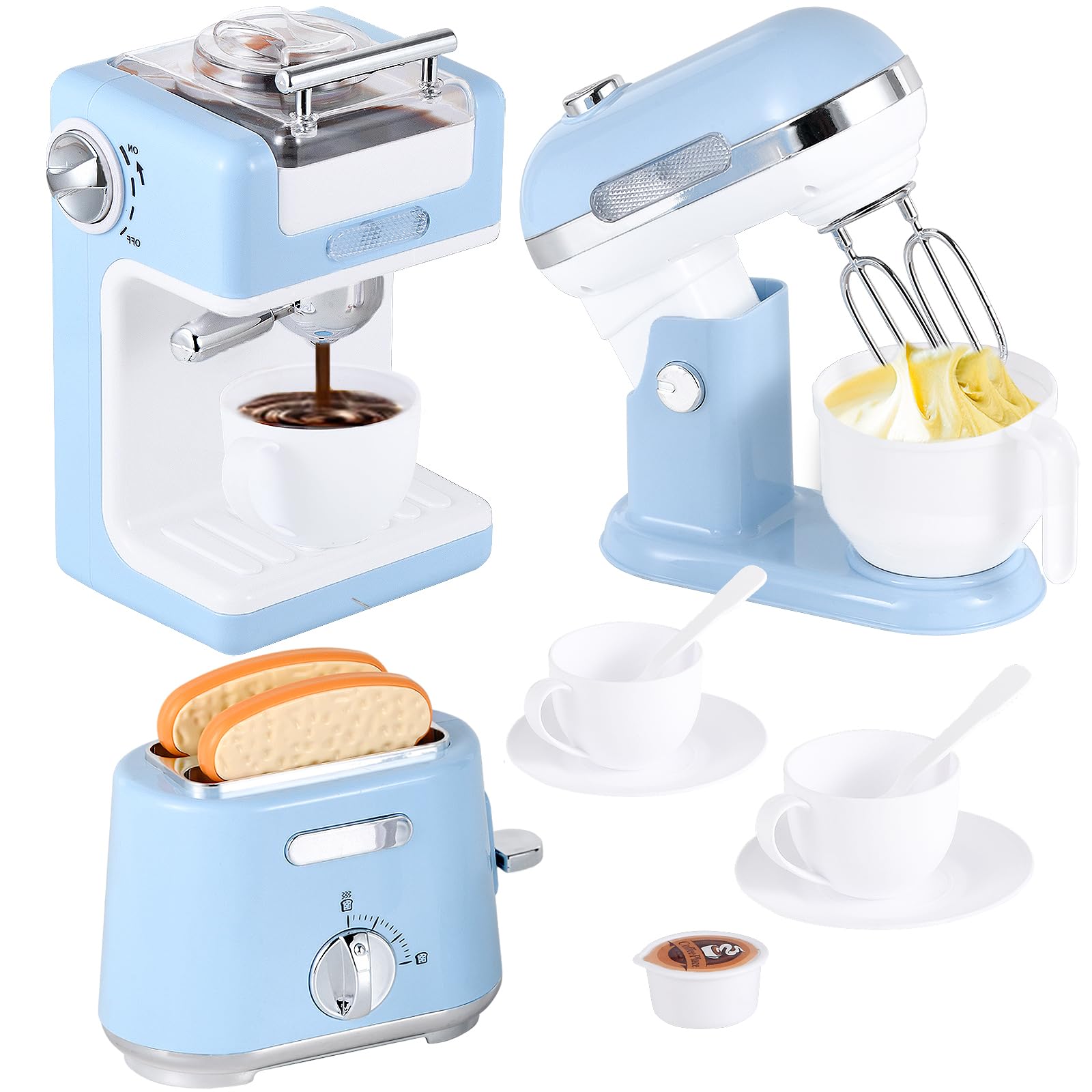 Photo 1 of Pretend Play Kitchen Appliances Toy Set, Kids Kitchen Accessories Set with Coffee Maker, Toaster, Mixer with Light and Sound, Gift for Girls Boys Kids Ages 3 4 5 6 7 8(Blue)