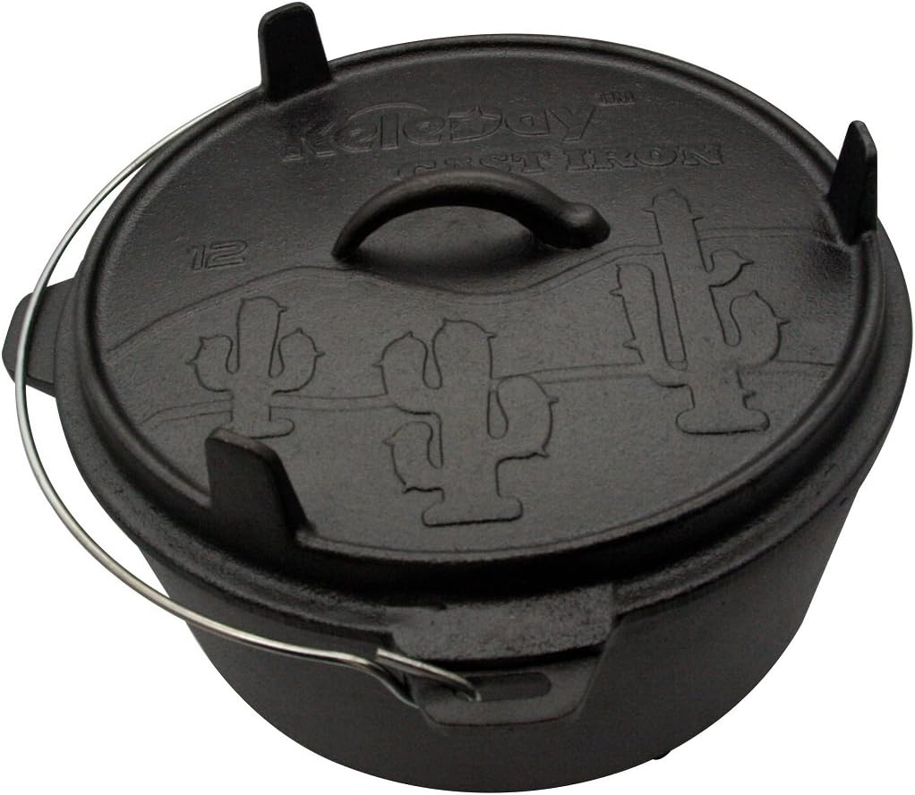 Pre-Seasoned HomeVss Embossed Homevss Cactus Cast Iron Camp Dutch Oven 6 Quart (12-Inch)