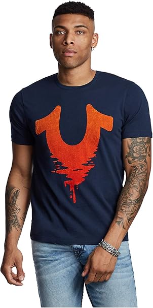 orange and blue true religion shirt