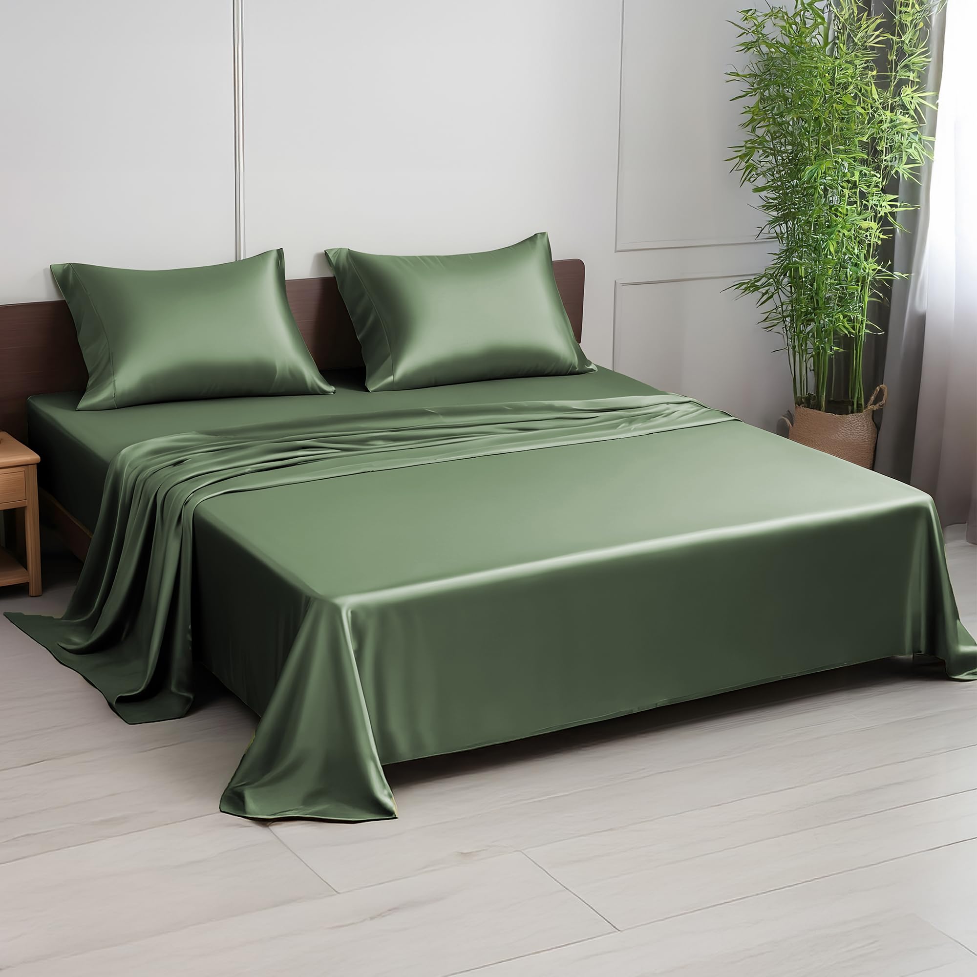 LINENWALAS Small Double Bed Sheet Set, 300 Thread Count 100% Bamboo Bedding Set, Cooling Sateen Weave Silk Sheets Set with 1 Fitted Sheet, 1 Flat Sheet & 1 Pillowcase (Small Double/Avocado Green) — image 1