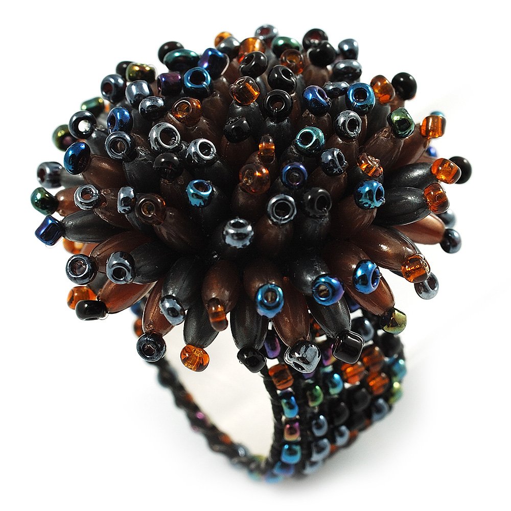 Avalaya Multicoloured Glass Bead Flower Stretch Ring